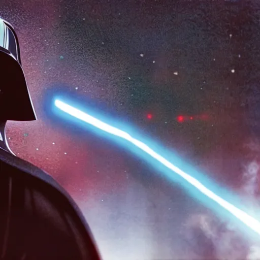 Image similar to an over the shoulder point of view of Darth Vader looking at the space,