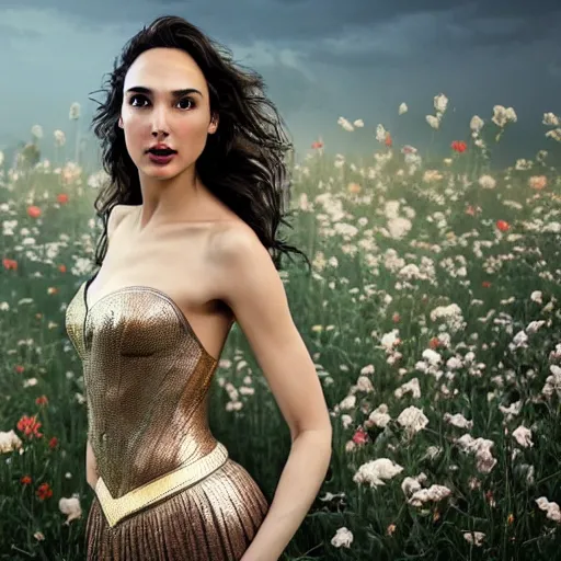 Image similar to fine art photo of the beauty gal gadot, she is posing while maintain a sweet eye contact to the camera, she has a crown of flowers, the photo was taken at sunrise with a bokeh effect, by steve mccurry, photorealistic, matte painting, hyper realistic, 4 k, 8 k, cinematic composition, hd, highly detailed, trending on artstation