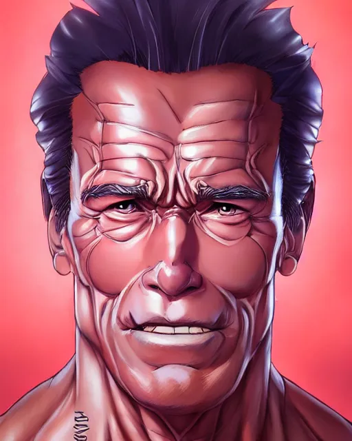 Image similar to anime portrait of Arnold Schwarzenegger as an anime man by Stanley Artgerm Lau, WLOP, Rossdraws, James Jean, Andrei Riabovitchev, Marc Simonetti, and Sakimichan, trending on artstation