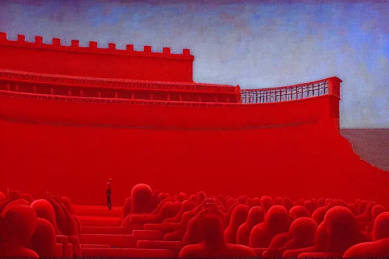 Image similar to only with red, a red great emperor, taormina amphitheatre, expressive crowd hails him, in the style of beksinski, parts by edward hopper, parts by rodcenko, parts by yue minjun, intricate and epic composition, red by caravaggio, insanely quality, highly detailed, masterpiece, red light, artstation, 4 k