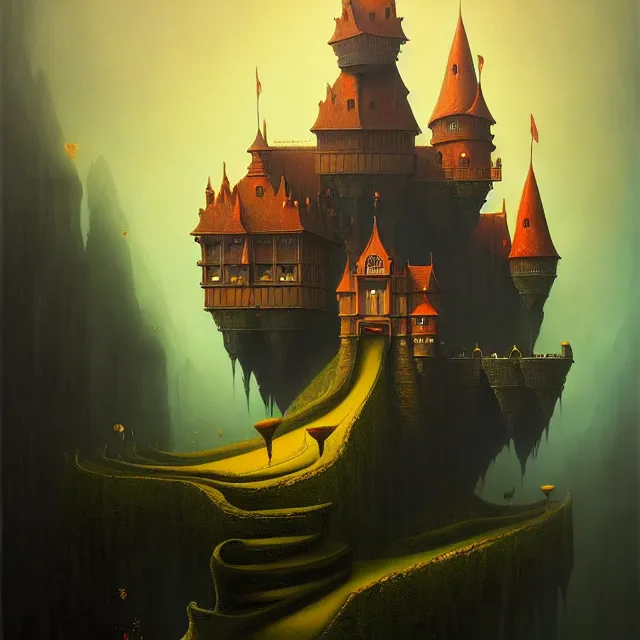 Image similar to a beautiful dark acrylic painting of a dark fantasy castle by Raja Ravi Varma and Gediminas Pranckevicius, trending on ArtStation.