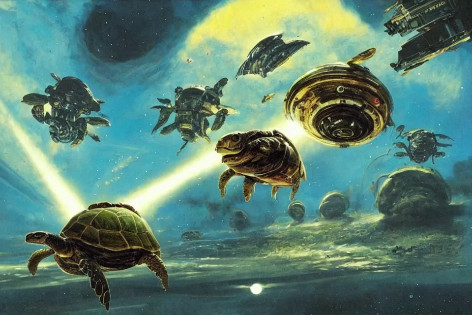 Prompt: an epic chris foss painting of a turtle spaceship orbiting an alien planet