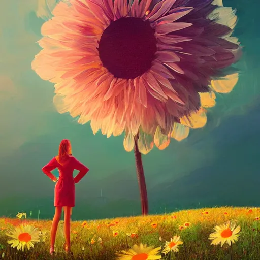 Image similar to giant daisy flower head, frontal, girl in a suit, surreal photography, sunrise, dramatic light, impressionist painting, digital painting, artstation, simon stalenhag