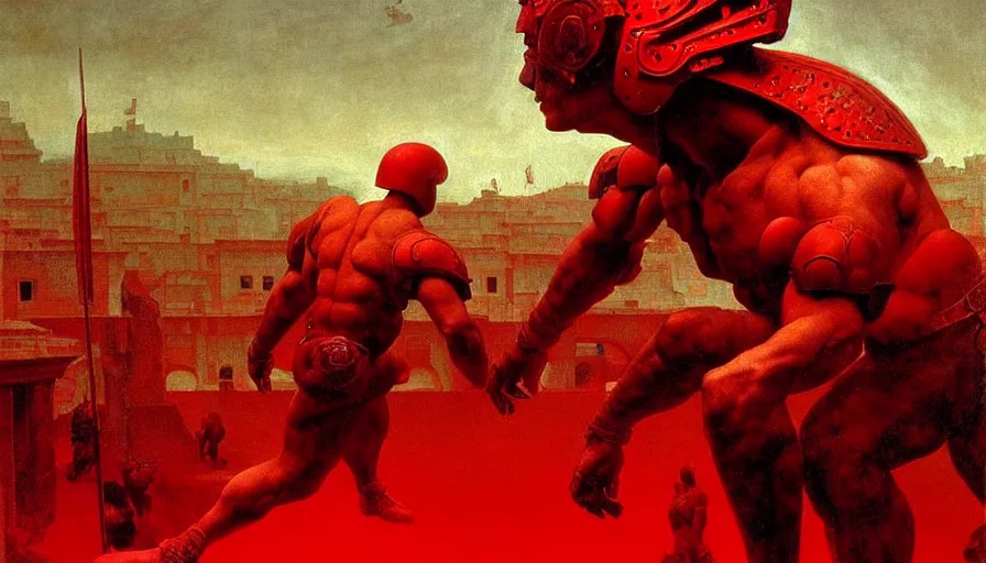 Image similar to only with red, a lightly armored gladiator in a crowded roman amphitheatre, crowd cheering, in the style of beksinski and edward hopper and rodcenko and yue minjun and artgerm, intricate and epic composition, red by caravaggio, highly detailed, masterpiece, red light, artstation, art nouveau