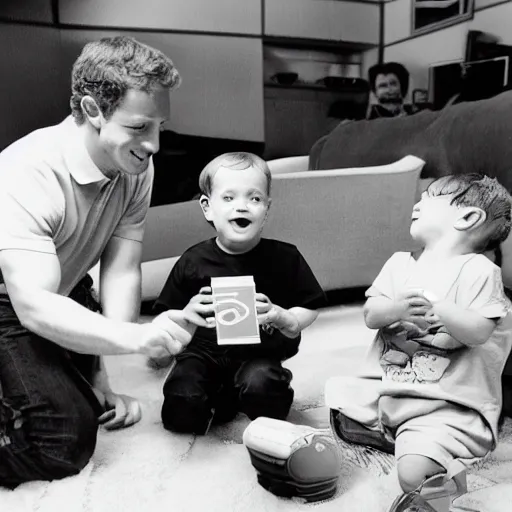 Image similar to baby mark zuckerberg playing sega genesis with baby elon musk while their parents look on. 3 5 mm photograph