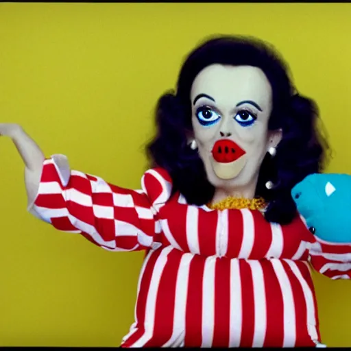 Prompt: !dream a woman wearing an inflatable mouth and holding a a hand puppet, technicolor, john waters, almodovar, expired color film, 1975