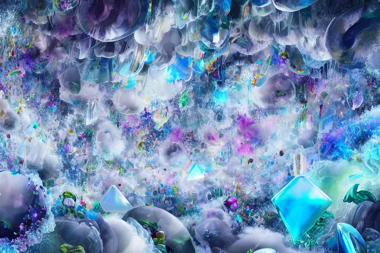 Image similar to simplicity, a huge flock of many ornate translucent puffy filigreed clouds tangled into large whirling ultra detailed clumps of crystal specimens, abstract environment, playful, award winning art, epic dreamlike fantasy landscape, ultra realistic,