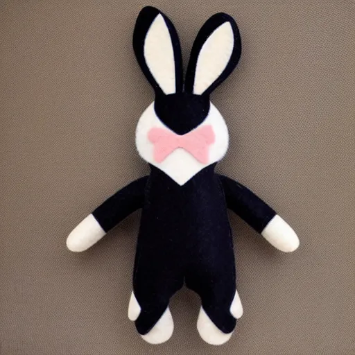 Image similar to a cute elegant felt plush doll of a rabbit wearing overalls