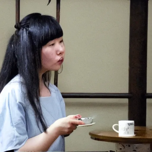 Prompt: rena ryugu drinks tea in prison