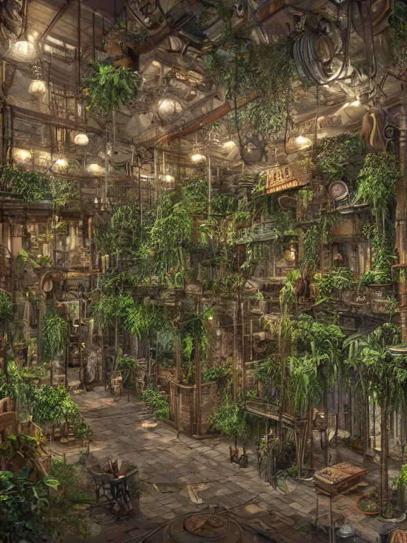 Prompt: A scenic view of A steampunk hall full of plants in undercity district depth ,by guido borelli ,vray Lumion