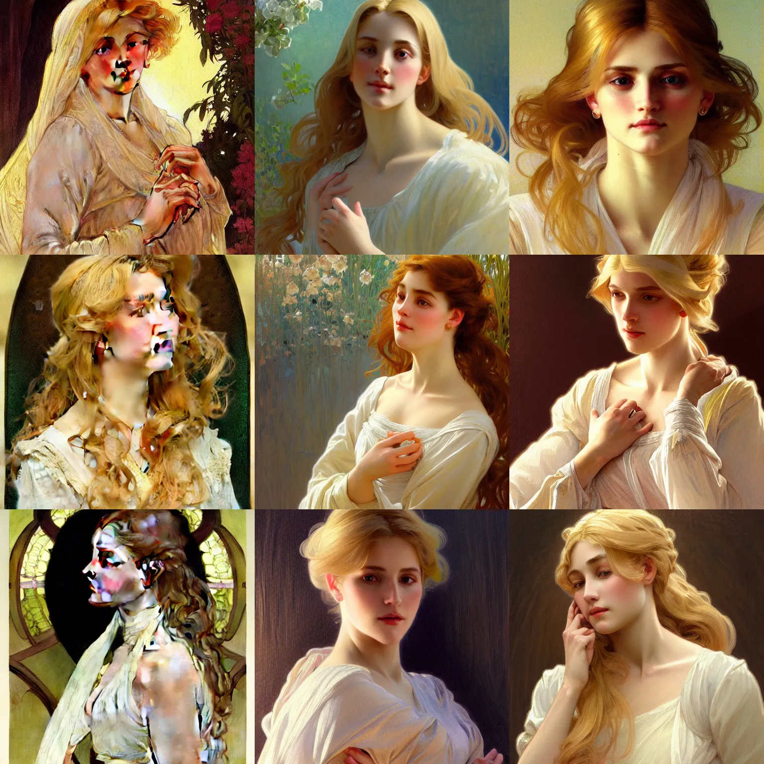 Image similar to painted portrait of a modest wife blessed by god with ever - increasing intelligence beauty and virtue. blonde, clothed holy body, light effect. feminine, powerful, in clothes! intricate, elegant, highly detailed, digital painting, artstation, concept art, smooth, sharp focus, illustration, art by gaston bussiere and alphonse mucha