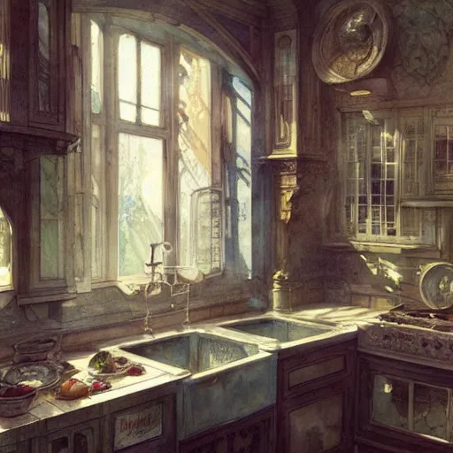 Prompt: a beautifull intricate watercolour painting of a kitchen, reflexions, verry high details by william turner art, greg rutkowski and alphonse mucha, trending on artstation, very very detailed, masterpiece, muted colors