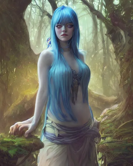 Image similar to stunningly beautiful female blue hair, emma stone face, antasy art, fae priestess, lush forest landscape, dark light night, sharp focus, digital painting, 8 k, concept art, art by wlop, artgerm, greg rutkowski and alphonse mucha