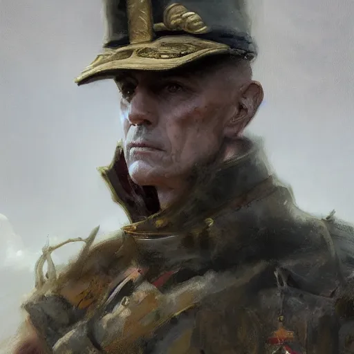 Image similar to a dramatic epic ethereal portrait of a WWI general, full body with dynamic pose, male, detailed face, cinematic lighting, highly detailed oil on canvas painting by Greg Rutkowski, winning-award digital art trending on Artstation H 1024 W 832