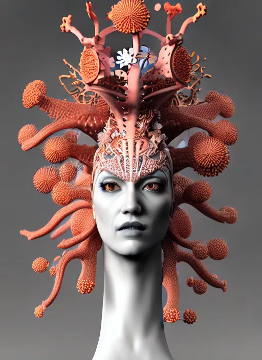 Prompt: complex 3 d render hyper detailed ultra sharp beautiful biomechanical humanoid female warrior with porcelain white ivory profile face, iris van herpen haute couture headdress with daisies corals filigree lace rhizomorph finials spires, brackets, fractal colorful puffballs, octane render, 8 k