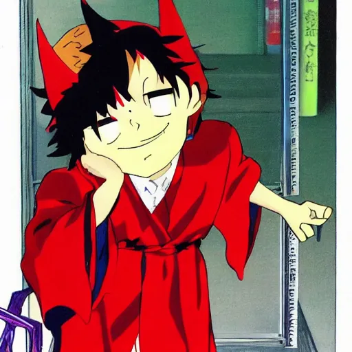 Prompt: Spike Spiegel fire Wizard Mage Wearing a red robe whilst disguised as devil standing in the office uta natsume naoko rumiko takahashi katsuhiro otomo Alexey Egorov Inio Asano sui ishida anime mangaka