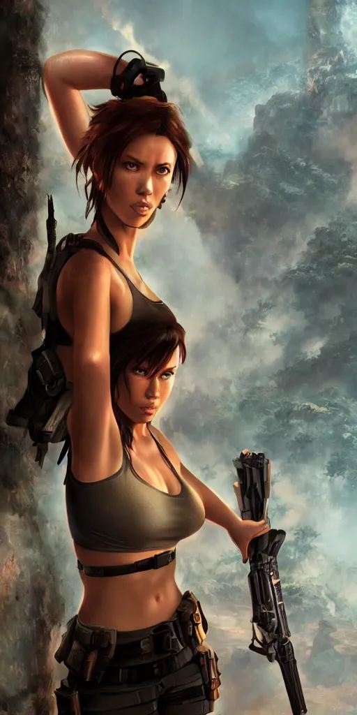 Image similar to Scarlet Johansson as Lara Croft, ambient lighting, 4k, anime key visual, Ross Tran