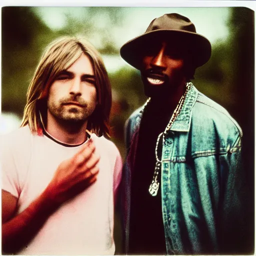 Image similar to Polaroid photograph of Kurt Cobain and Tupac Shakur, XF IQ4, 150MP, 50mm, F1.4, ISO 200, 1/160s, natural light, Adobe Lightroom, photolab, Affinity Photo, PhotoDirector 365,