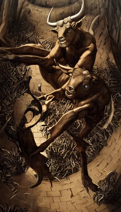 Image similar to Minotaur in a Maze, by Caravaggio, studio ghibli, cinematic lighting, intricate, highly detailed, digital painting, trending on artstation, Illustration, epic scale