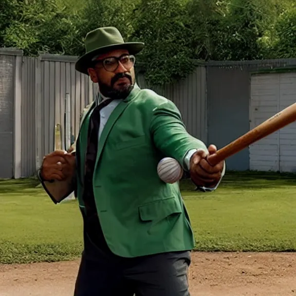 Image similar to Still from Better Call Saul of Big Smoke with green clothing and trilby hat, swinging a baseball bat