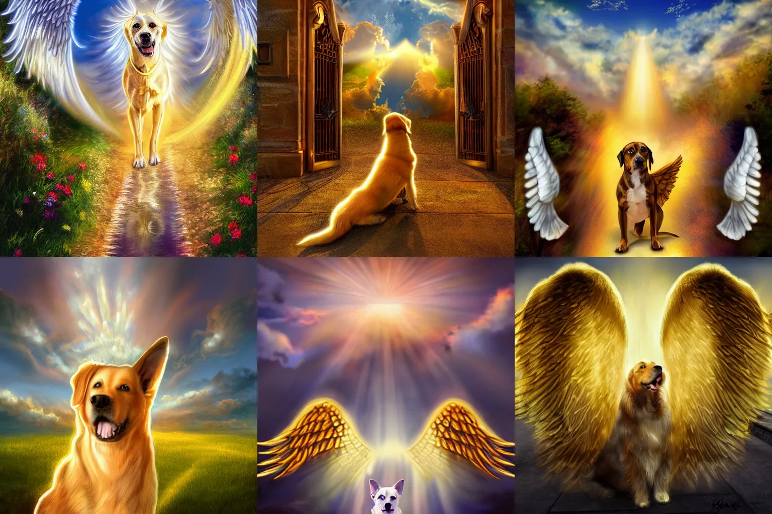 Prompt: a beautiful digital painting of a dog detailed having angel wings and halo in front of gates of heaven, hyper realistic, golden heavenly lights, breathtaking clouds, 4K, HDR