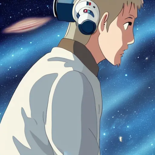 Image similar to Spirited away, guy with dark blonde hair and blue eyes in space, profile picture