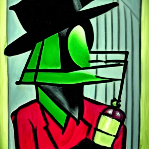 Prompt: gothic plague doctor with a wide brimmed hat clutching a glass vial, bathed in green glow, cubist artstyle