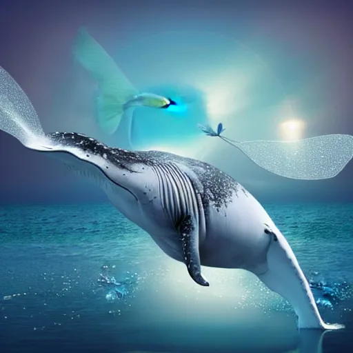 Image similar to photomanipulation of a whale that has tiny fairy wings, the wings are inspired by tooth fairy's wings, fully detailed, 4 k, real footage