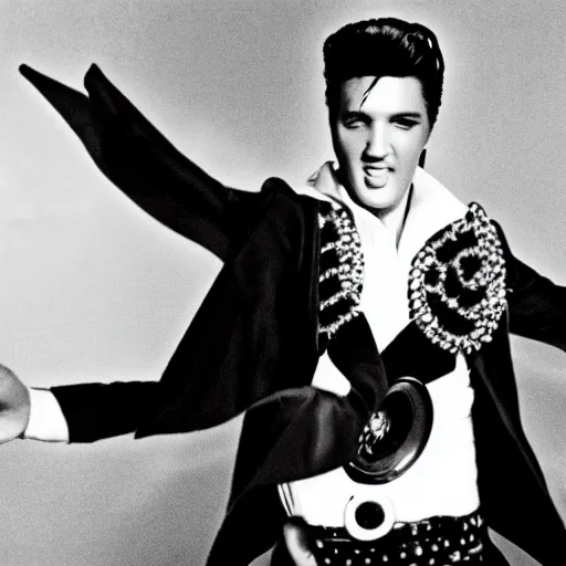 Image similar to black and white photograph of elvis dancing surrounded by aliens