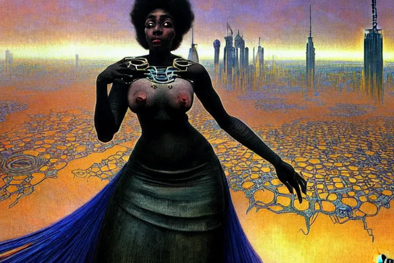 Image similar to realistic extremely detailed closeup portrait painting of a beautiful black woman in a dress with supercomputer robot, dystopian city on background by Jean Delville, Amano, Yves Tanguy, Ilya Repin, Alphonse Mucha, Ernst Haeckel, Edward Hopper, Edward Robert Hughes, Roger Dean, heavy metal, rich moody colours
