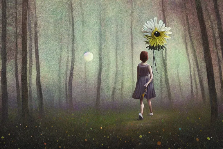 Prompt: giant daisy flower on the head, girl walking in forest, surreal photography, dark night, stars, moon light, impressionist painting, clouds, digital painting, artstation, simon stalenhag