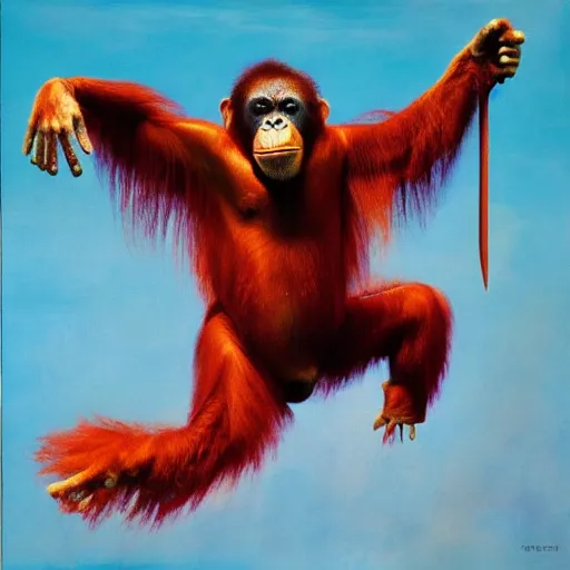 Prompt: An orangutan thrusting a sword into the air heroically, 80s album cover art style, oil painting, surreal, colorful, detailed, fantastic