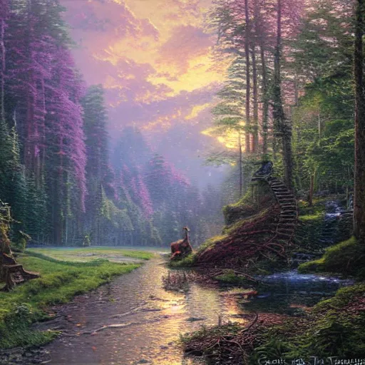 Prompt: anomaly found in the forest, highly detailed, oil on canvas, masterpiece painting, environmental art, by thomas kinkade, james gurney