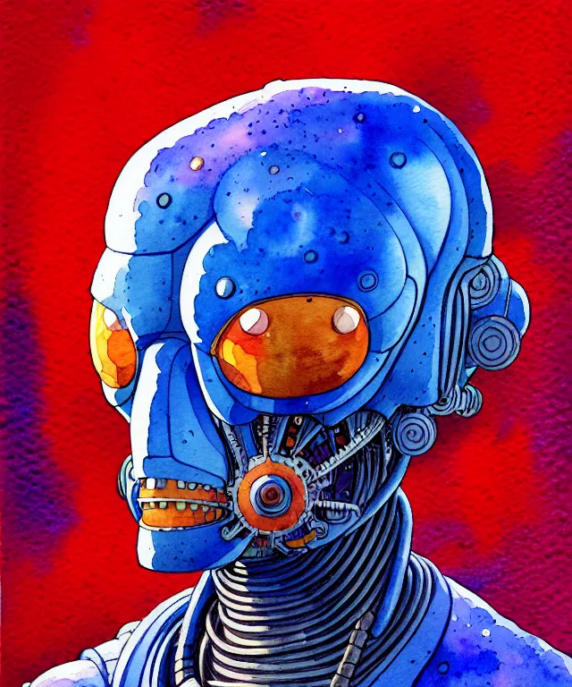 Image similar to a watercolor painting character portrait of a machine mutant in the style of jean giraud in the style of moebius trending on artstation deviantart pinterest detailed realistic hd 8 k high resolution