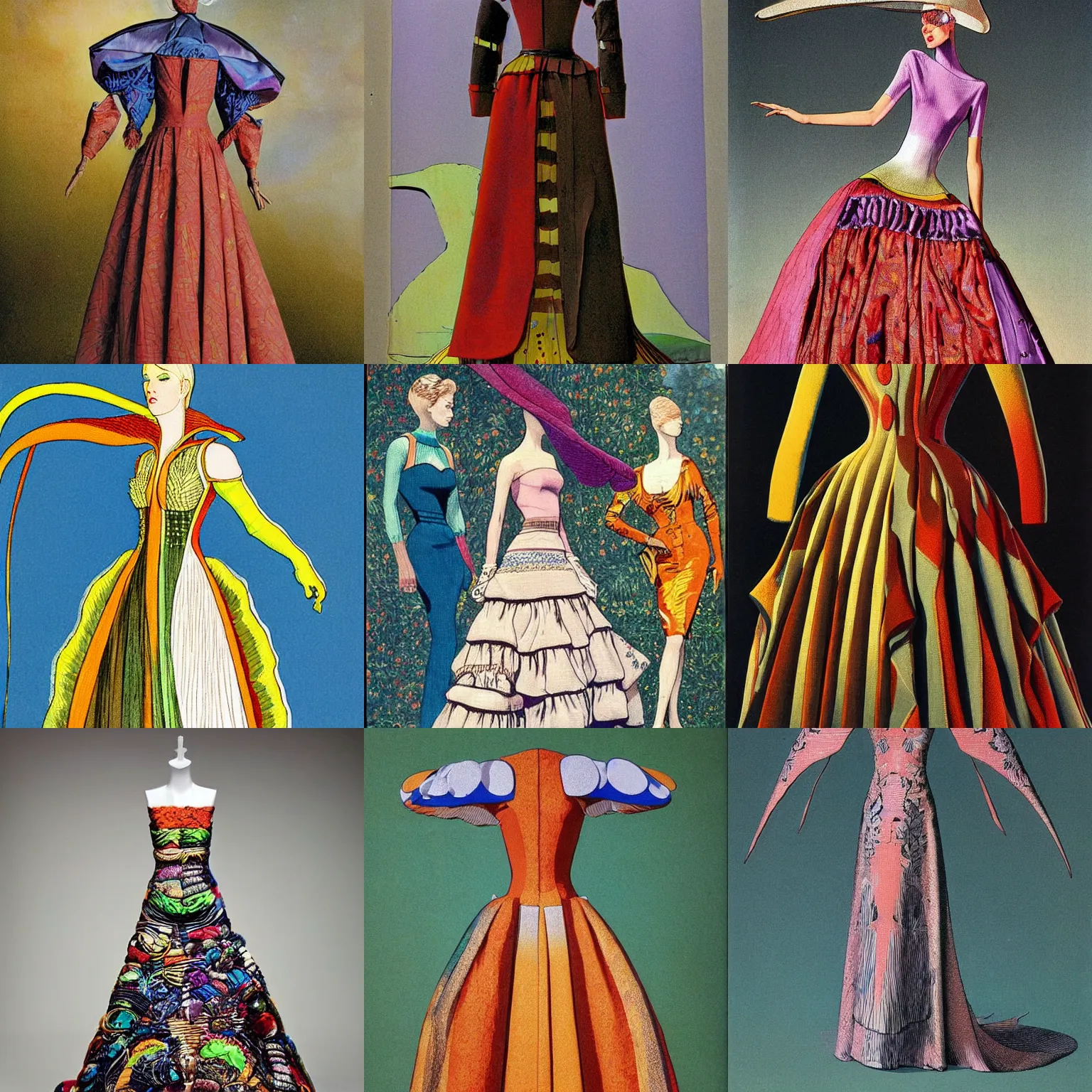Prompt: high fashion dress made of fabrics and items from another universe as painted by moebius and William Bradford