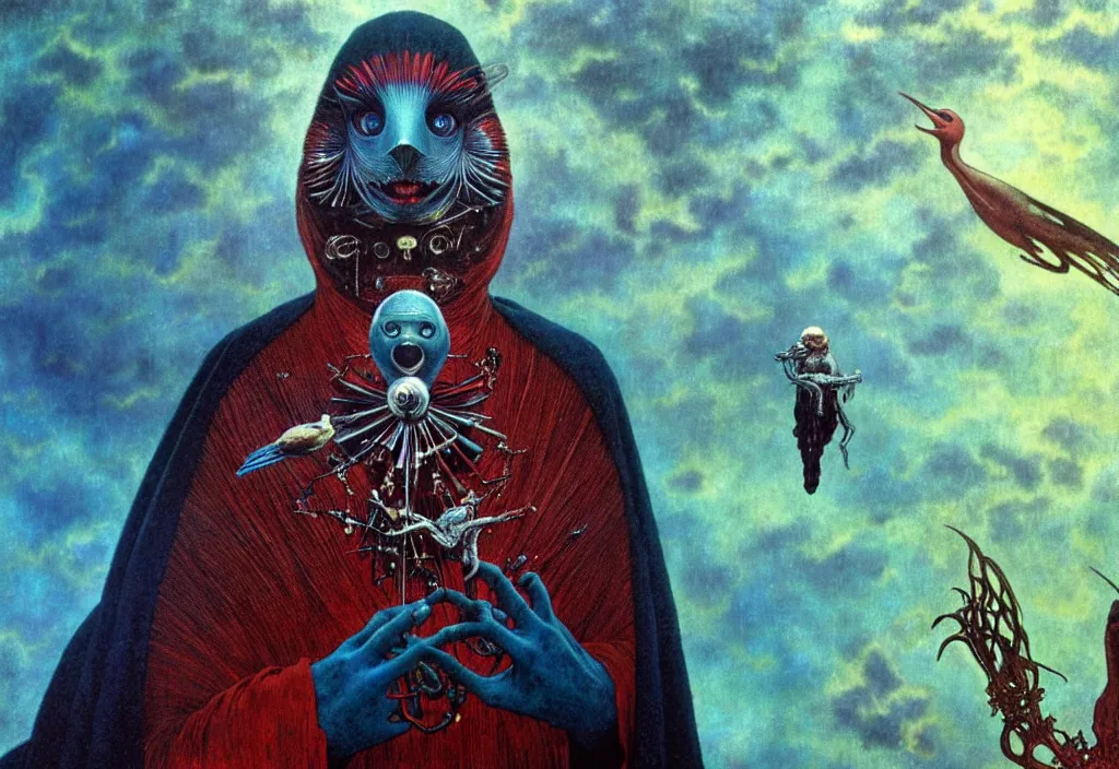 Image similar to realistic detailed portrait movie still of a birdman wearing dark robes, surreal sci fi landscape background by denis villeneuve, amano, yves tanguy, alphonse mucha, ernst haeckel, max ernst, roger dean, masterpiece, rich moody colours, blue eyes, snarling dog teeth