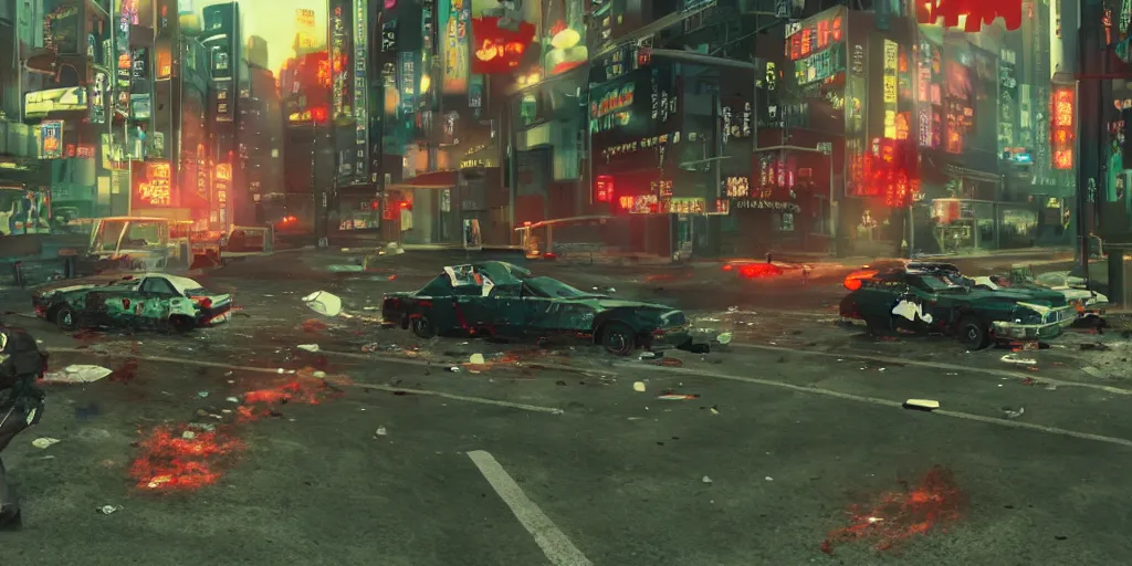 Image similar to 1991 Video Game Screenshot, Anime Neo-tokyo Cyborg bank robbers vs police shootout, bags of money, Police officer hit, Bullet Holes and Blood Splatter, Hostages, Smoke Grenade, Sniper, Chaotic, Cyberpunk, Anime VFX, Machine Gun Fire, Violent, Action, Fire fight, FLCL, Free-fire, Highly Detailed, 8k :4 by Katsuhiro Otomo + Studio Gainax + Arc System Works : 8