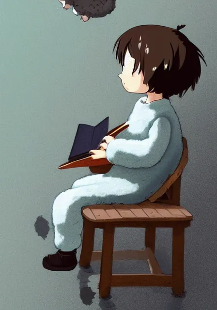 Image similar to beautiful little boy wearing sheep suit reading a book while sitting on chair, gray, blue, green and brown pallet color. made in abyss art style, inspired by kris from deltarrune, cute detailed artwork, anatomically correct, soft details, ilya kuvshinov, reflection, perfect composition, mobile wallpaper, illumination, helltaker