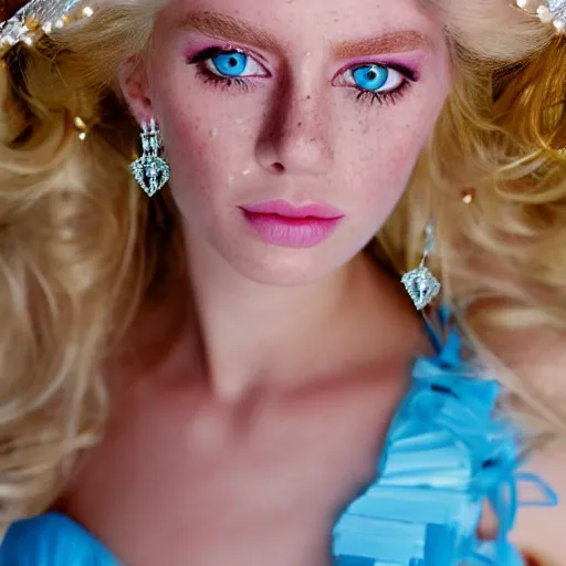 Prompt: close up headshot of a princess with long blonde hair and light blue eyes wearing a strapless elaborately beaded pink dress, high resolution film still, 8k, HDR color, film by Simon Langton and David Frankel, triangular face, slight freckles, round narrow chin, straight jawline, natural pink lips, cheekbones