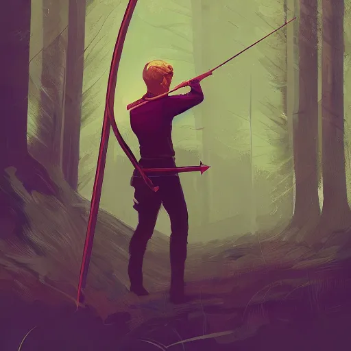 Prompt: archer boy in the background, blonde hair, holding bow and arrow, highly detailed, full body, forest, artstation, by alena aenami