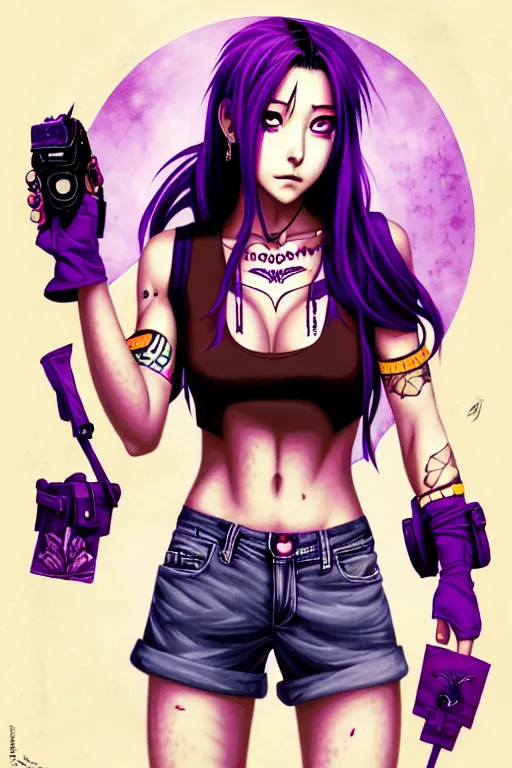 Prompt: a portrait of dilraba dilmurat as revy from black lagoon, smirk, black tank top, jean shorts, brown eyes, purple hair, tribal tattoos right arm sleeve, symmetrical eyes, symmetrical face, art by lois van baarle and loish and ross tran and rossdraws and sam yang and artgerm