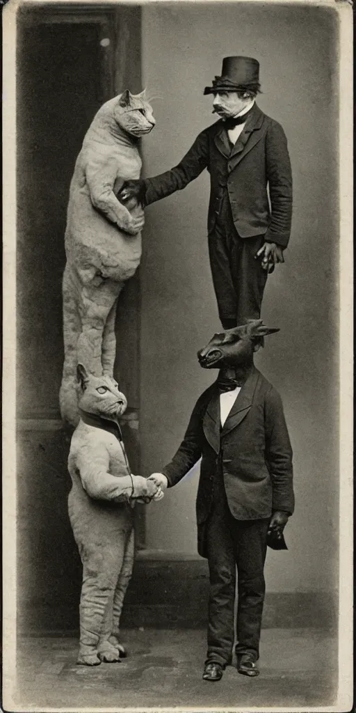 Prompt: tall t rex shaking hands with a cat, Business men. anamorphic, strange, photograph, 1860s