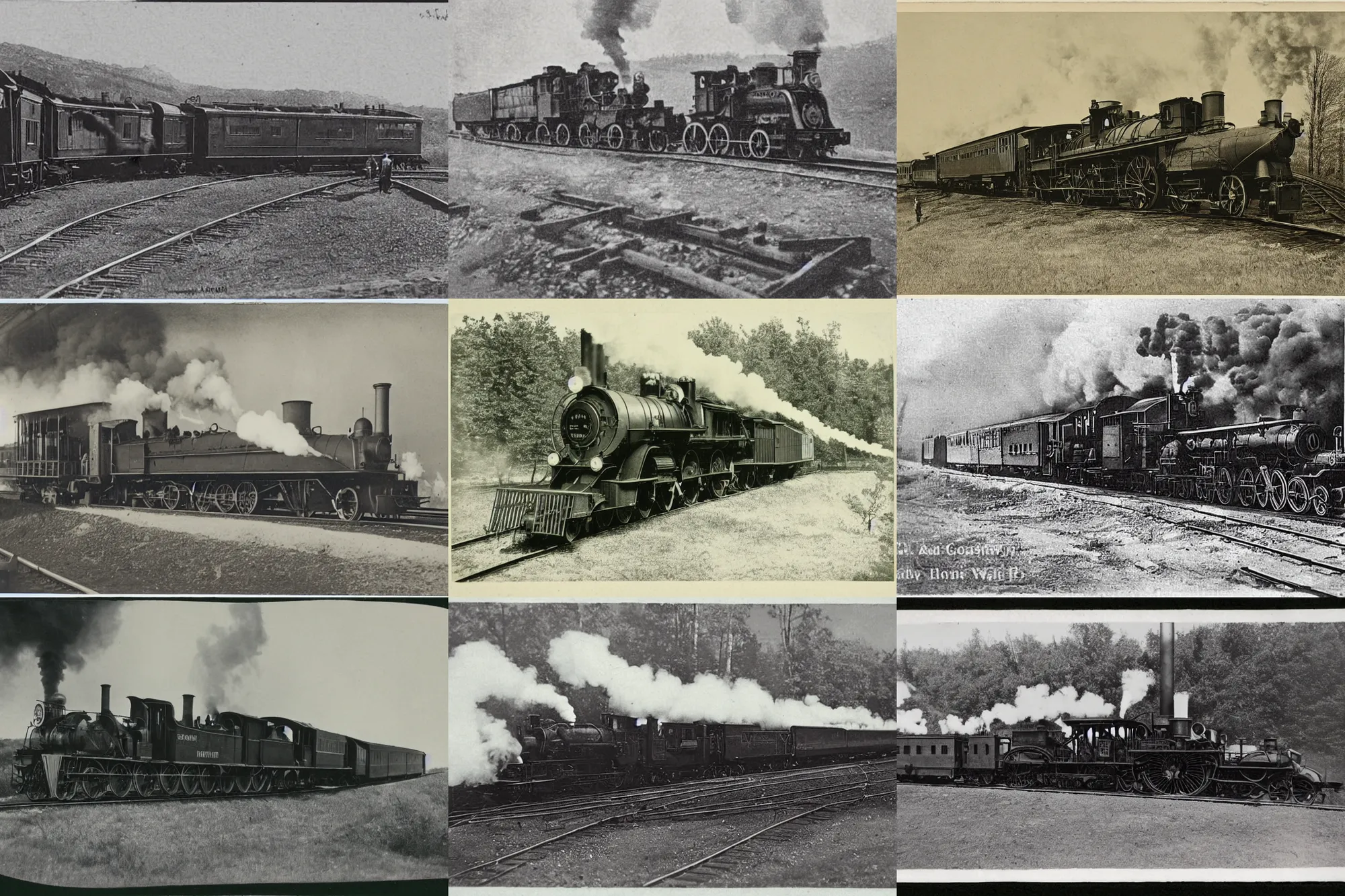 Prompt: vintage photo of smoking steam engine pulling train on rails, 1890s, detailed, grainy, smudged edges