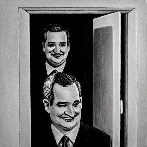 Prompt: Ted Cruz with a wide grin peaking through a door in the distance at the end of a narrow corridor, black and white, creepy lighting, scary, horror, ornate, eerie, fear, oil painting