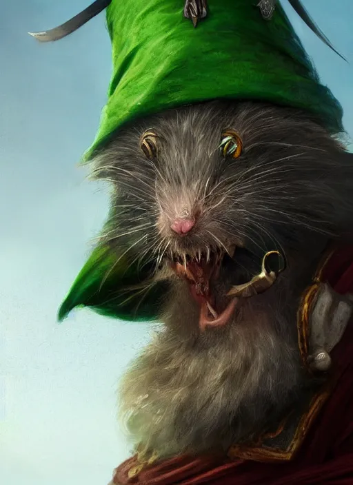 Image similar to mutant rat, bearded, serious, mean eyes, wearing jewelry, tricorne hat, green robe, d & d, digital art, detailed face, highly detailed, trending on artstation, 4 k, sea in the background, art by greg rutkowski