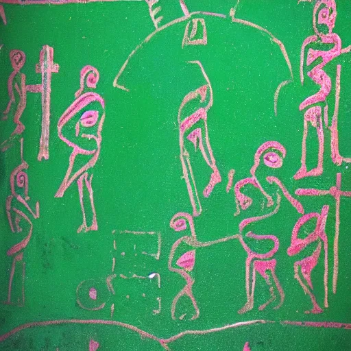 Image similar to fluo green cave painting of cross and ufos