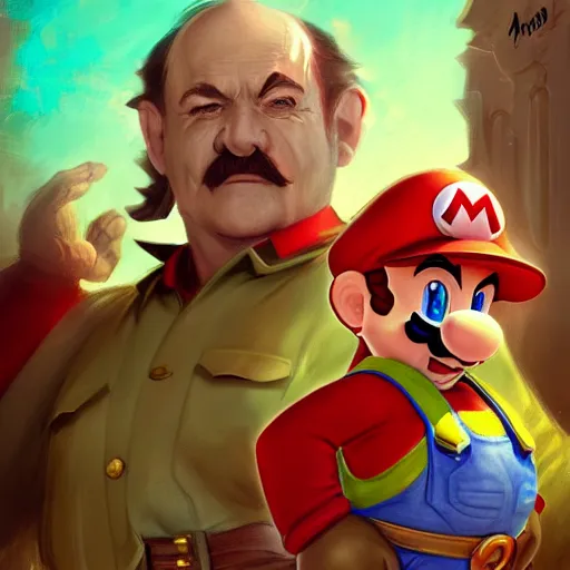 Image similar to super mario as a pretty girl, old man bowser in the background, highly detailed, digital painting, artstation, illustration, art by artgerm and greg rutkowski and alphonse mucha