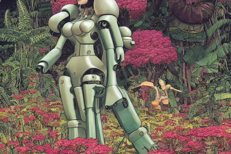 Prompt: gigantic woman, a lot of exotic vegetation around, trees, huge mecha robot, flowers, risograph!, omnious, dark, oldschool vintage sci - fi flat surreal design, super - detailed, painting by moebius and satoshi kon and jodorowski and katsuhiro otomo and kim jung gi, hd, 4 k, high quality