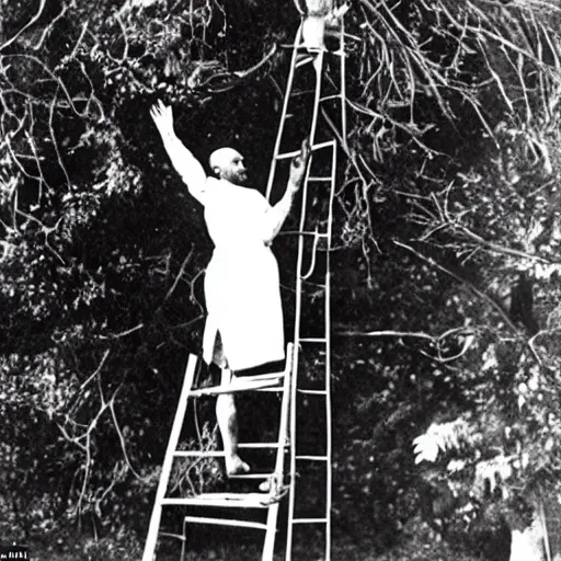 Prompt: Mahatma Ghandi on a ladder saving a kitten that was stuck high up in a tree