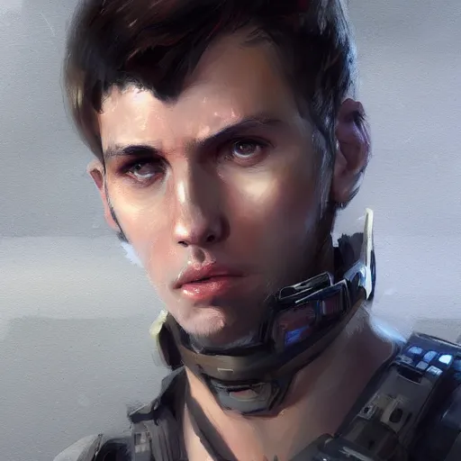 Image similar to Portrait of a man by Greg Rutkowski, he is about 20 years old, mixture turkish and russian, short dark blonde hair with bangs, attractive, angry but resigned look, he is wearing a futuristic tactical gear, highly detailed portrait, scifi, digital painting, artstation, concept art, smooth, sharp foccus ilustration, Artstation HQ.